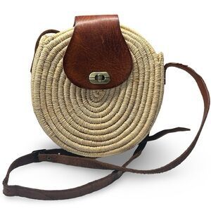 Unbranded Woven Jute Leather Round Crossbody Bag Festival Primitive Boho World‎